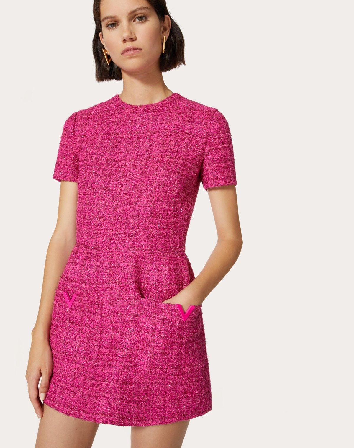 Valentino o1s1wg110525 Short Dress In Glaze Tweed Light in Pink Size S / US 4 / IT 40 - 6 Thumbnail