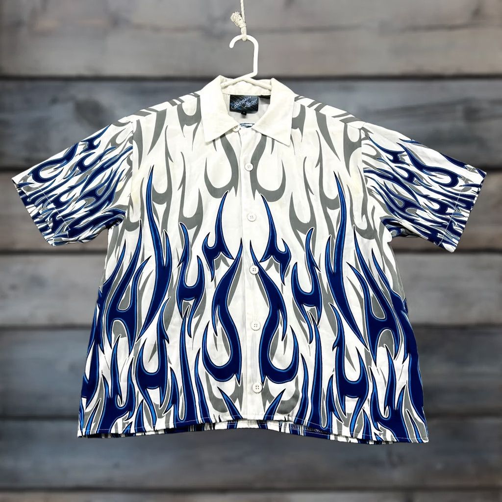 Vintage VINTAGE Sapphire Lounge Shirt Mens S Blue White Button Up AOP Flames Y2K Hawaiian 90s Mens Shirt Size US S / EU 44-46 / 1 - 1 Thumbnail