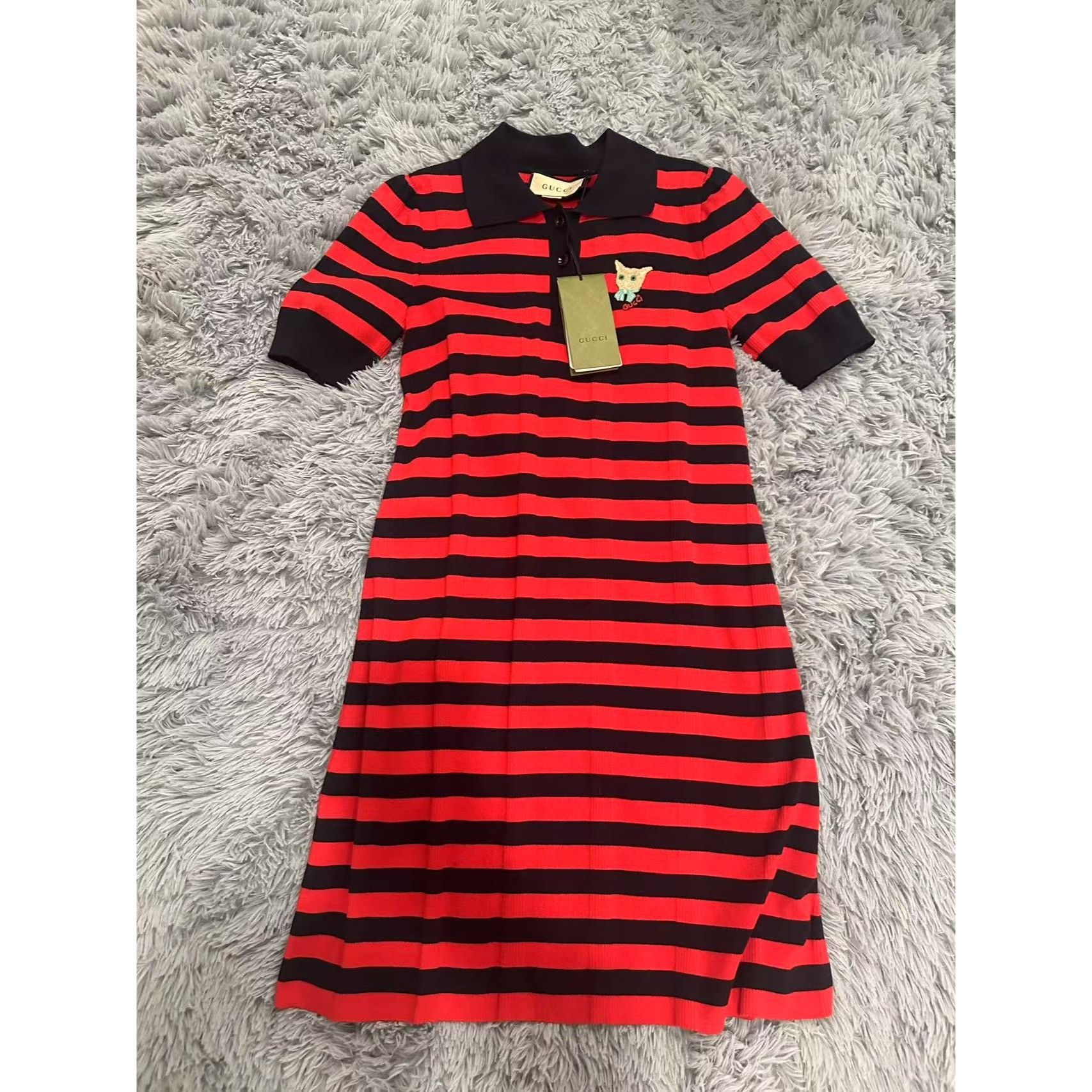 Gucci Gucci Red & Black Striped Polo Knit Dress With Dog Patch Size S / US 4 / IT 40 - 1 Thumbnail