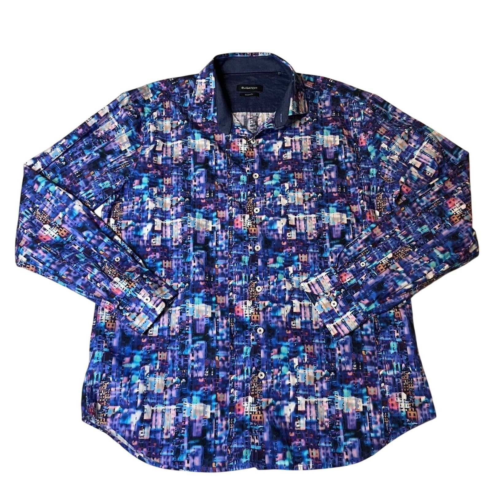 BUGATCHI Bugatchi Shaped Fit Cotton Abstract Purple Button Up XXL Size US XXL / EU 58 / 5 - 1 Thumbnail