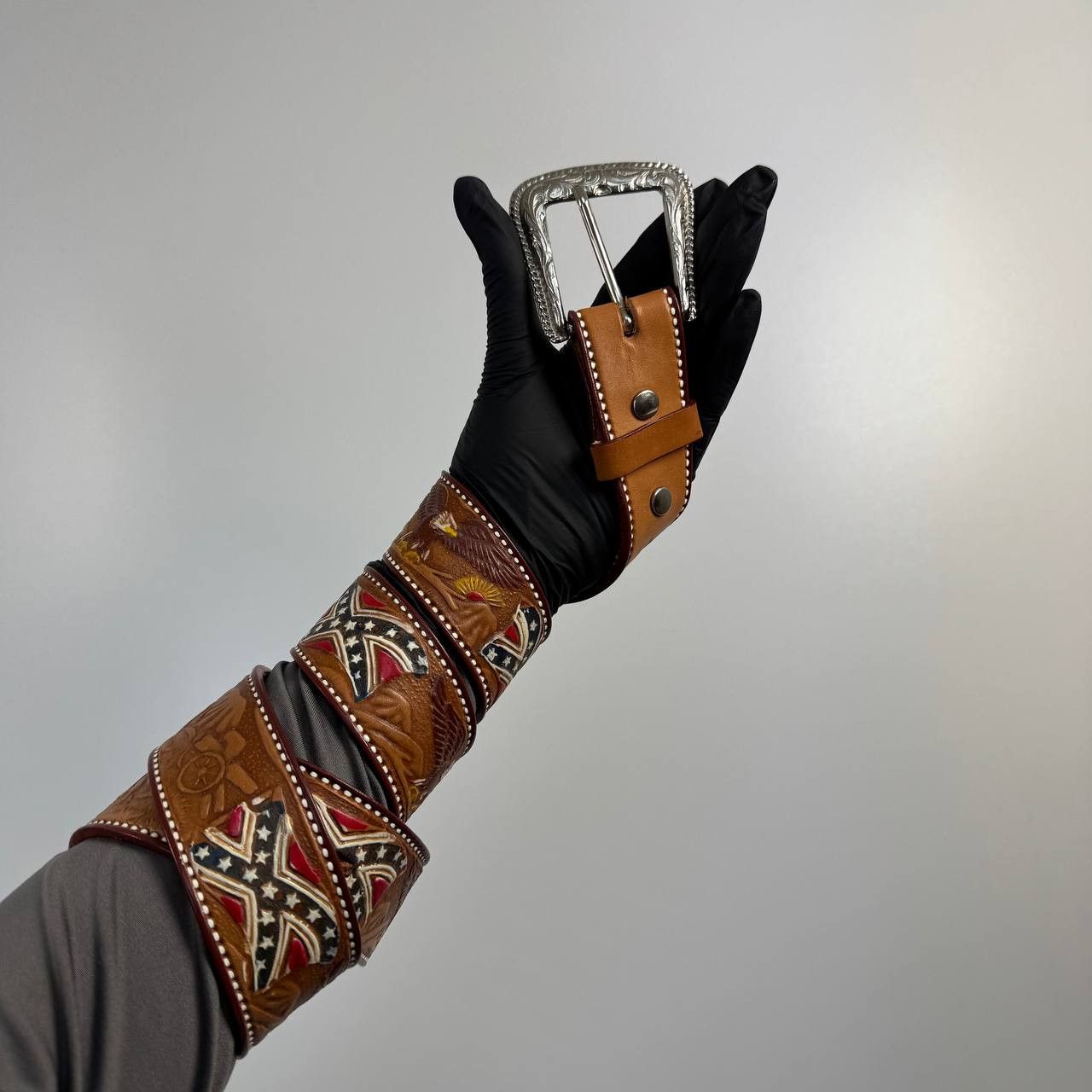 Stars & Stripes Vintage Stars And Stripes Western Leather Belt Tooled Brown Size 34 - 1 Thumbnail