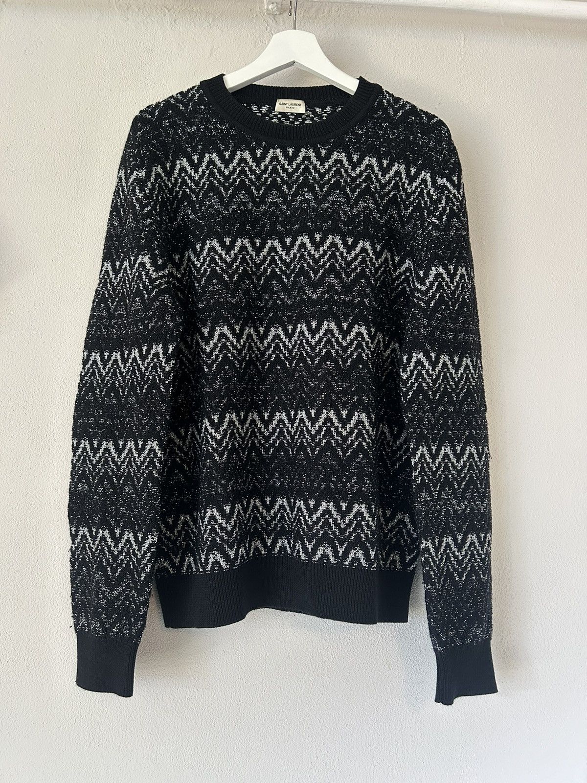 Saint Laurent Paris Black/Silver Zig-Zag Knit Sweater Size US XXL / EU 58 / 5 - 1 Thumbnail