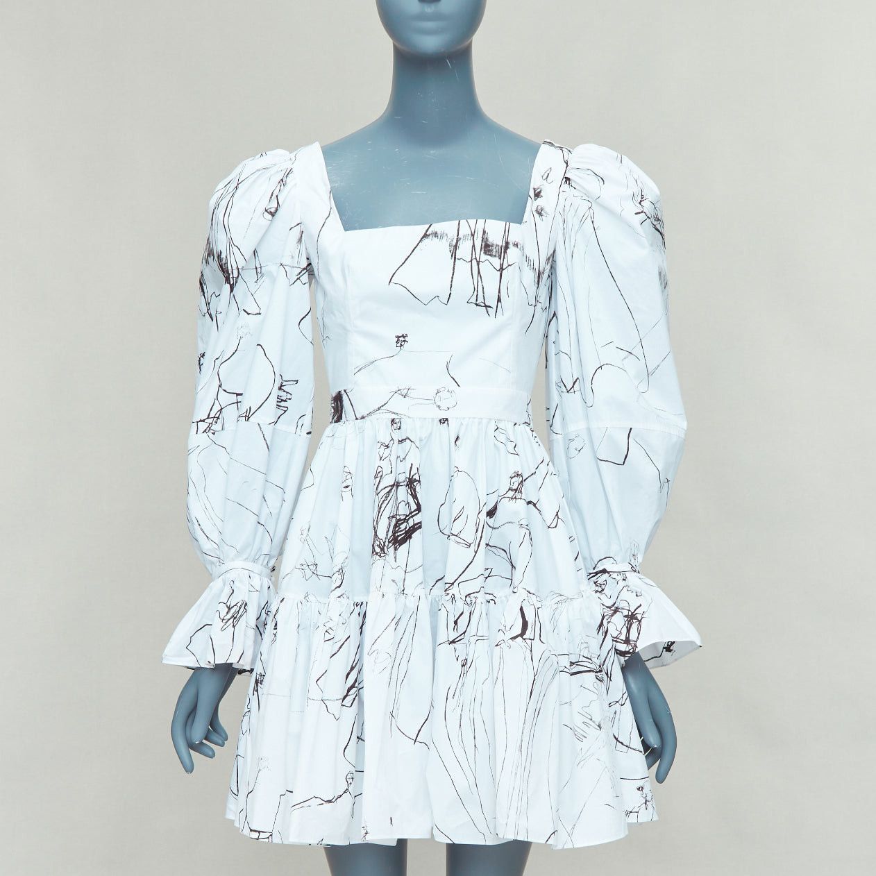 Alexander McQueen ALEXANDER MCQUEEN 2019 white black sketch illustration print puff sleeve dress IT38 XS Size XS / US 0-2 / IT 36-38 - 1 Thumbnail