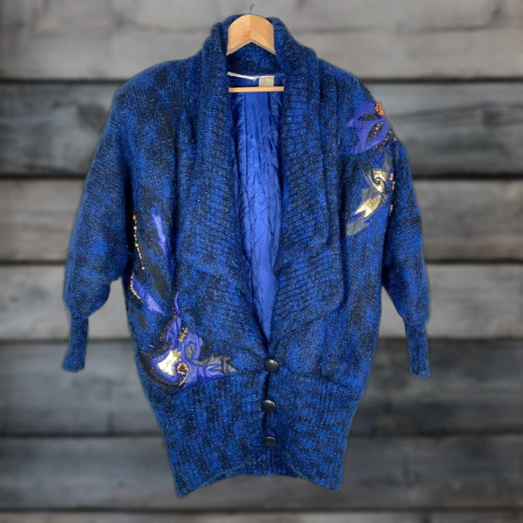 Vintage VINTAGE Edwards Cardigan Women's One Size Blue Mohair Oversized Shawl Collar Leather Trim Knitted Casual 90s Style Size ONE SIZE - 1 Thumbnail