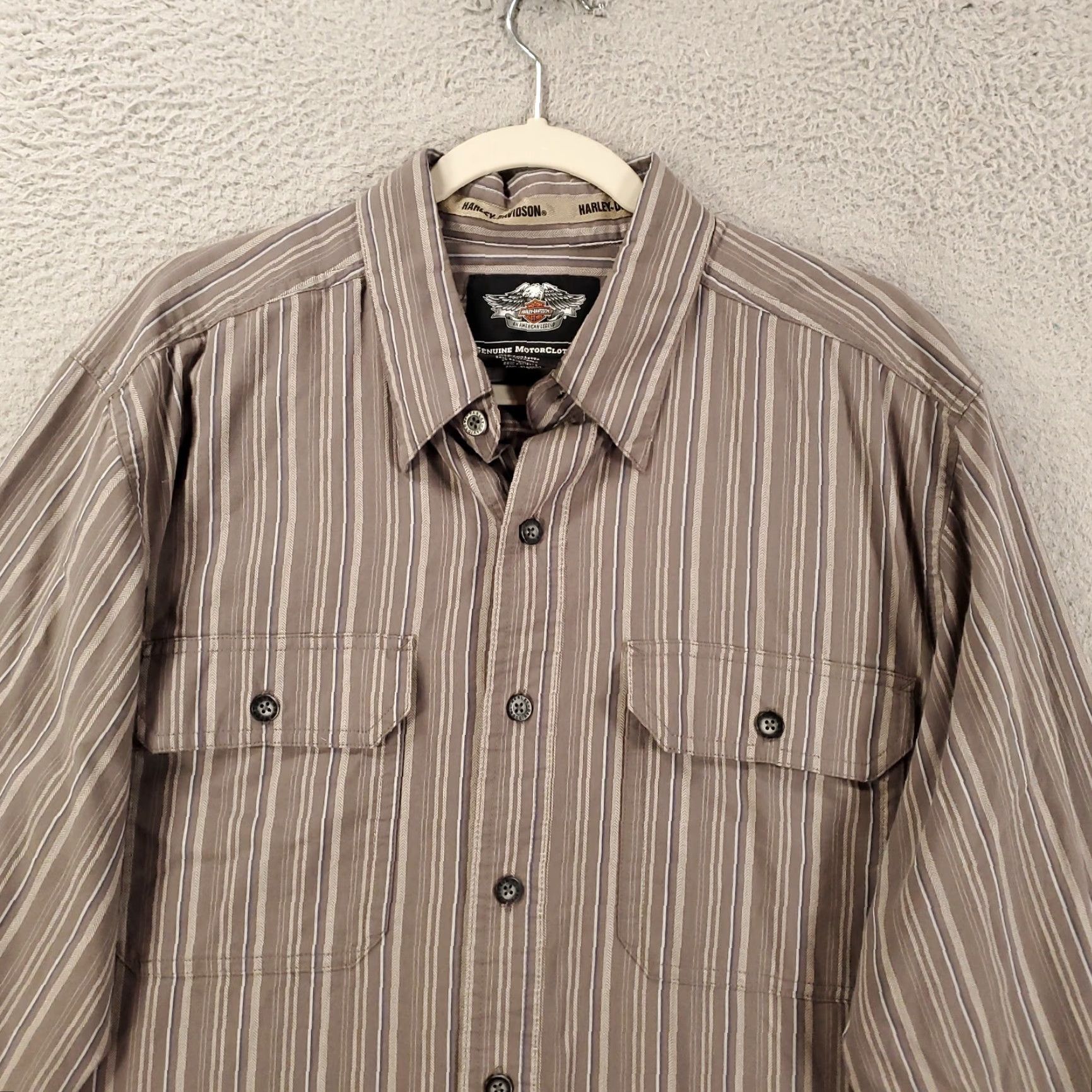 Harley Davidson Harley-Davidson Shirt Mens L Gray Striped Button-Up Embroidered Cotton Long Sleeve USA Size US L / EU 52-54 / 3 - 4 Thumbnail