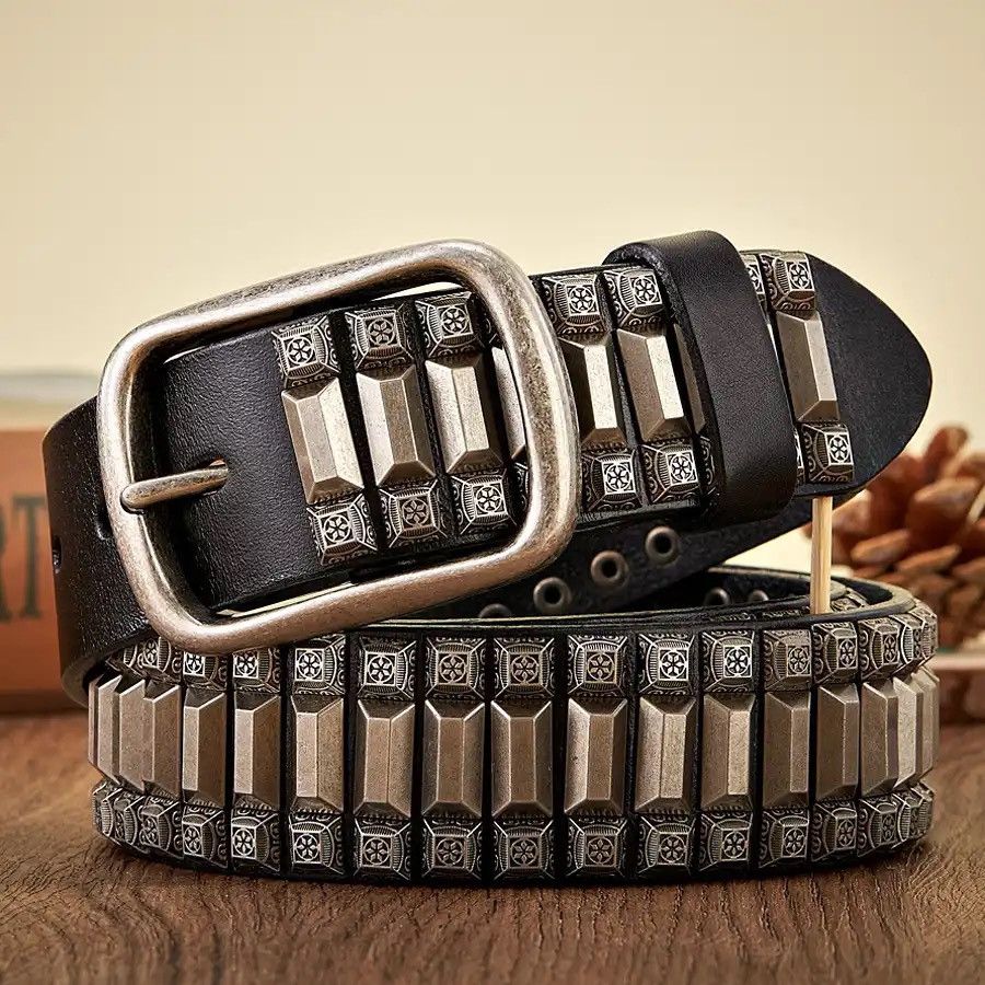 Genuine Leather Heavy Metal Rivet Leather Belt Size ONE SIZE - 1 Thumbnail