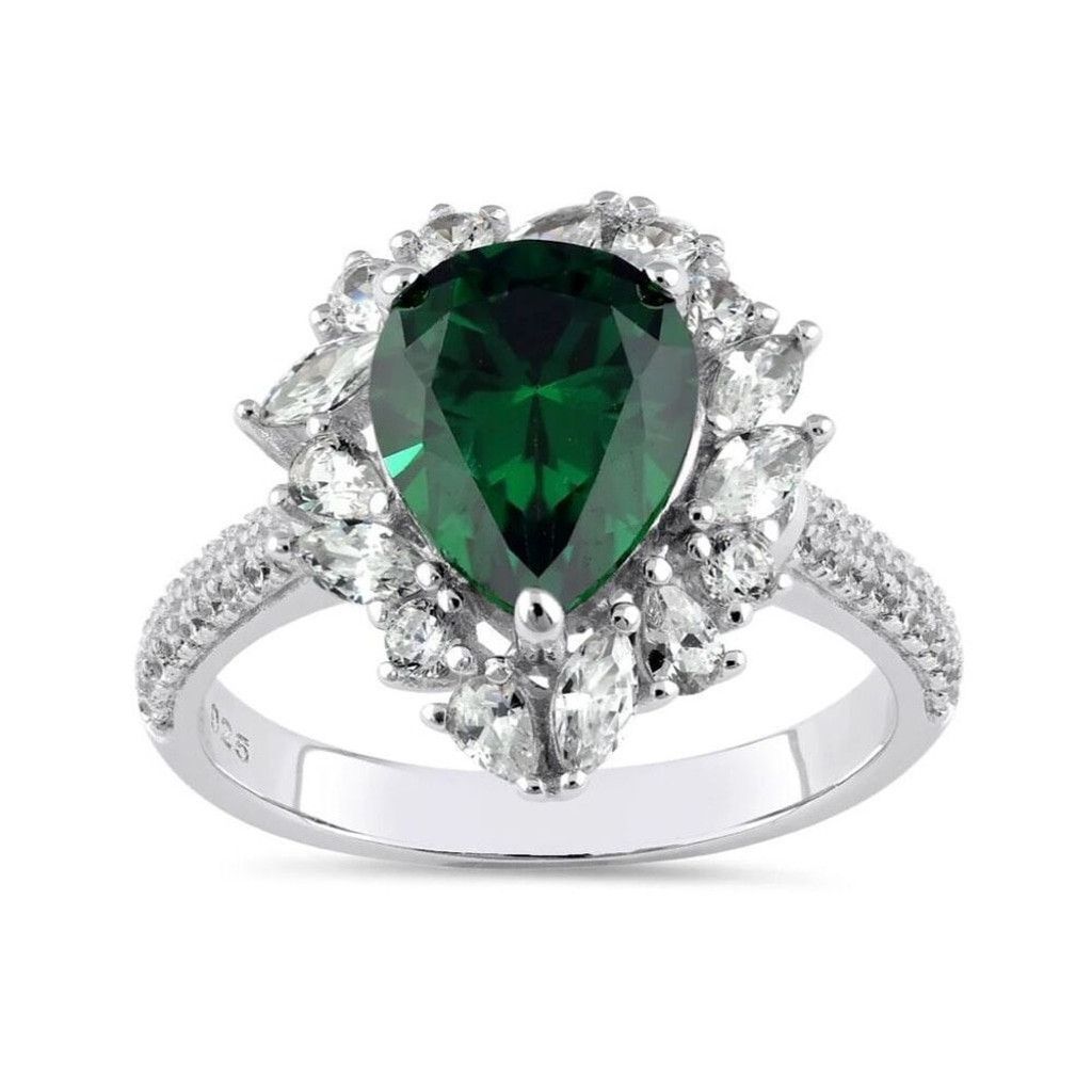 Other New Sterling Silver Pear Cut Emerald CZ Halo Ring Size 10 Size ONE SIZE - 2 Thumbnail
