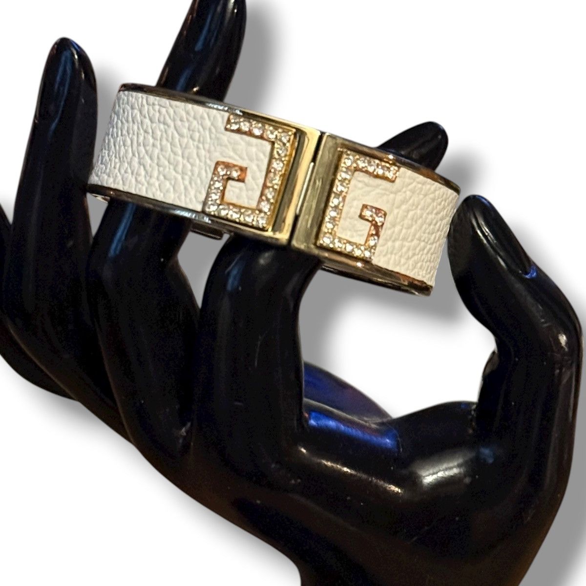 Other Gold white leather inlay rhinestone accent bangle bracelet Size ONE SIZE - 2 Thumbnail