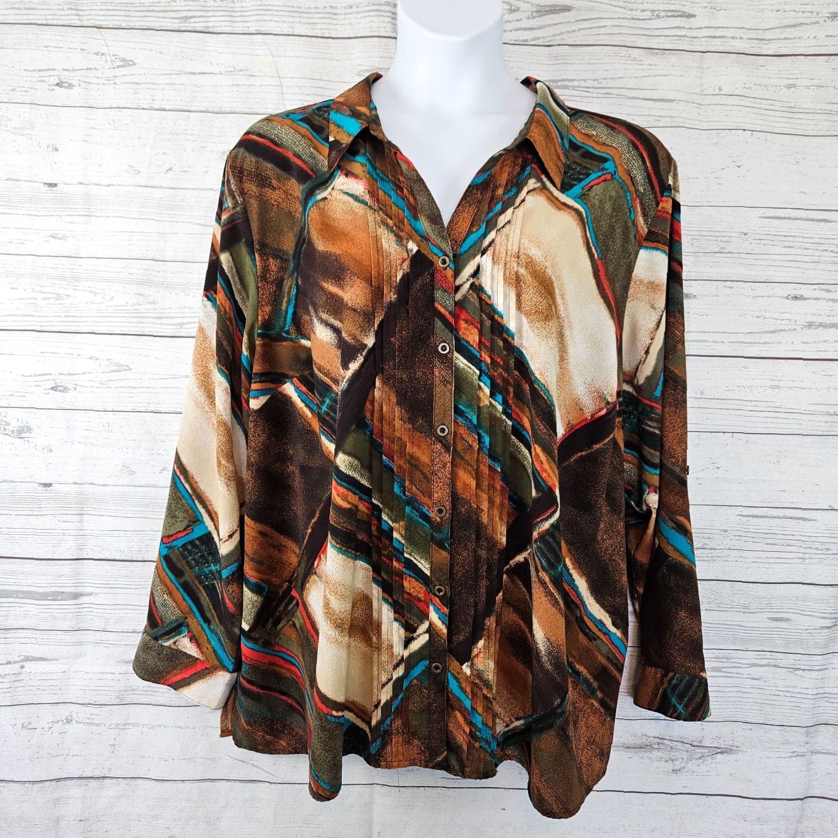 Vintage Catherines Button-Front Top Shirt Womens 3X Brown Blue Long Sleeve Pintuck Collared Button-Up Size XXL / US 16-18 / IT 52-54 - 2 Thumbnail