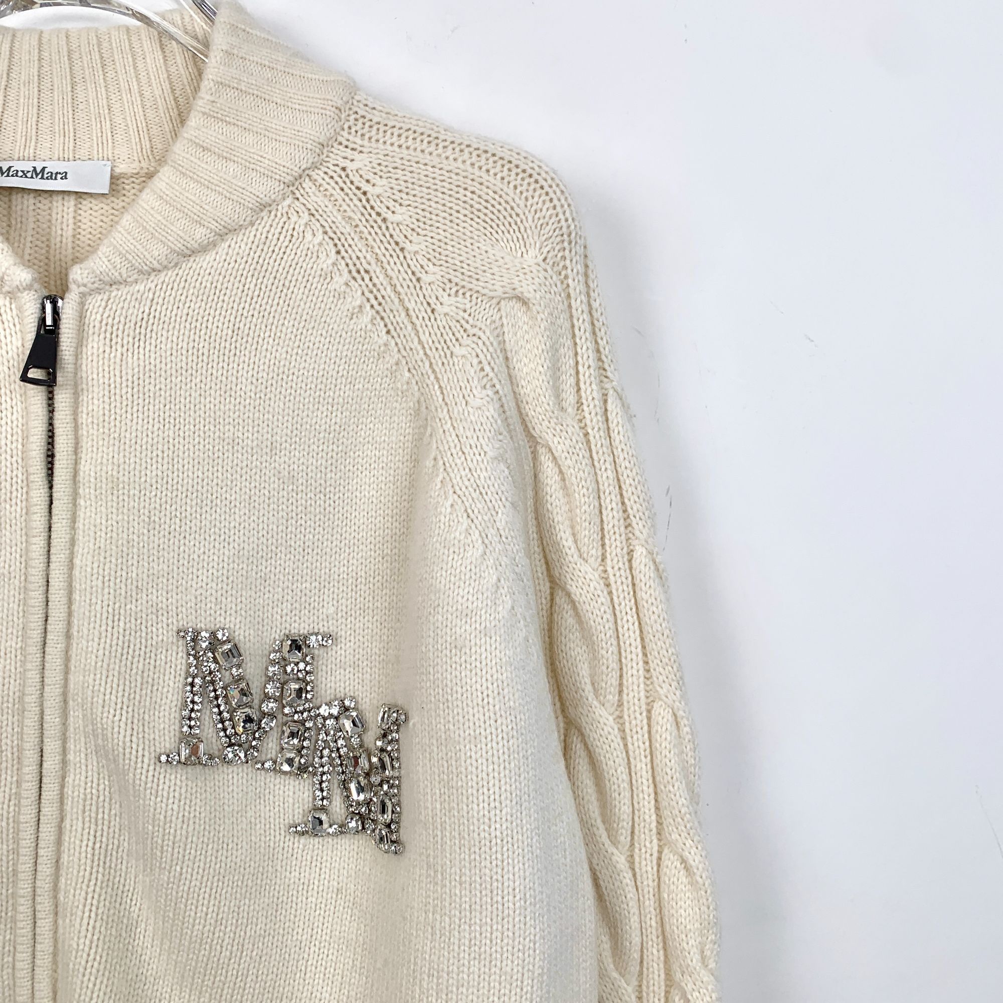 Max Mara MaxMara Beige Letter Crystal-Embellished Merino Wool Zip-Up Size L / US 10 / IT 46 - 7 Thumbnail