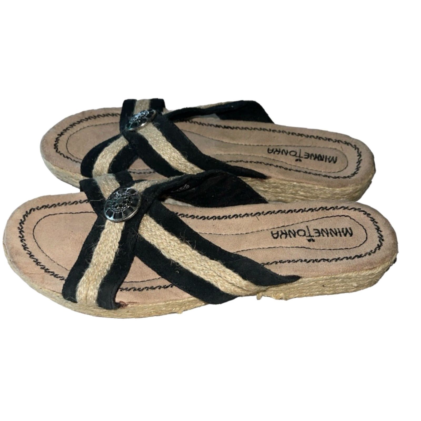 Minnetonka Minnetonka Sandal Women's Espadrille Leather Upper Black Tan Size 7 Flat Criss Cross Comfort Footwear Size US 7 / IT 37 - 2 Thumbnail