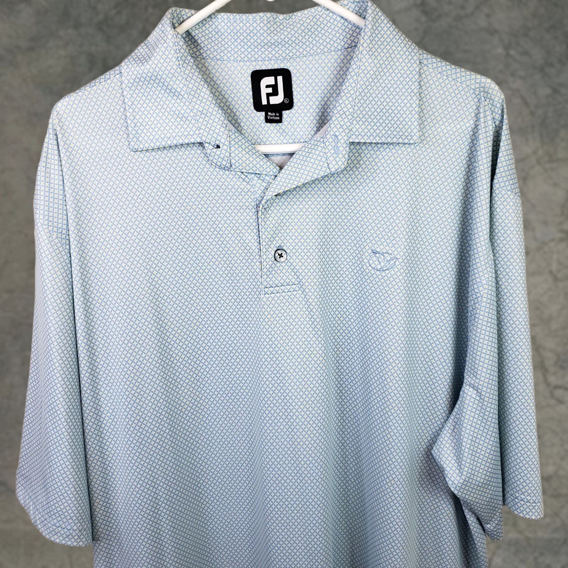 Footjoy FootJoy Short Sleeve Polo Shirt Mens XL Blue Yellow Geometric Button-Down Collared Logo Embroidered Moisture Wicking Regular Fit Golf Polo FJ Size US XL / EU 56 / 4 - 1 Thumbnail
