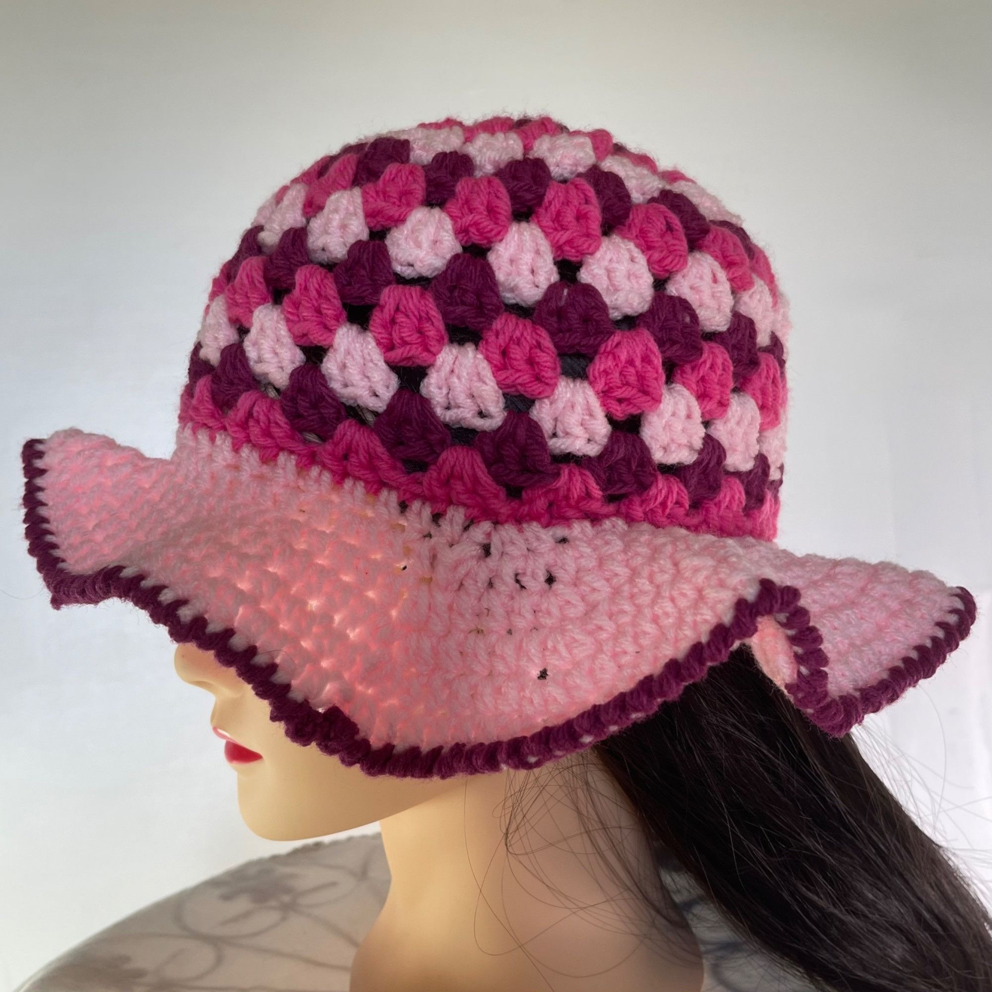 Handmade Crochet Bucket Hat Granny Square Pattern Pink Burgundy Adult Size ONE SIZE - 2 Thumbnail