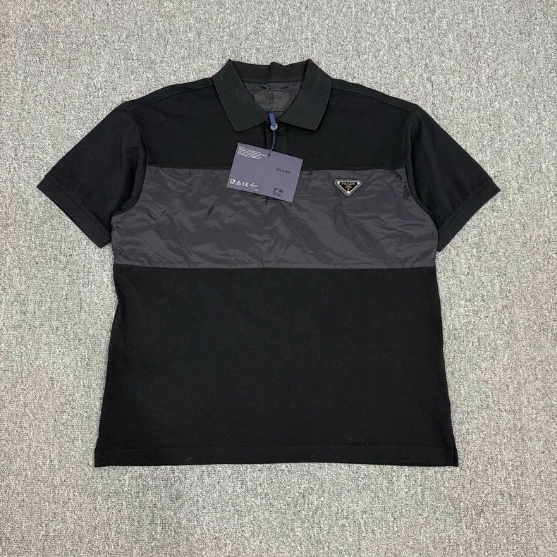 トップス prada black triangle logo polo shirt Buy Prada Black Triangle Logo Polo Shirt in Re-Nylon & Cotton For