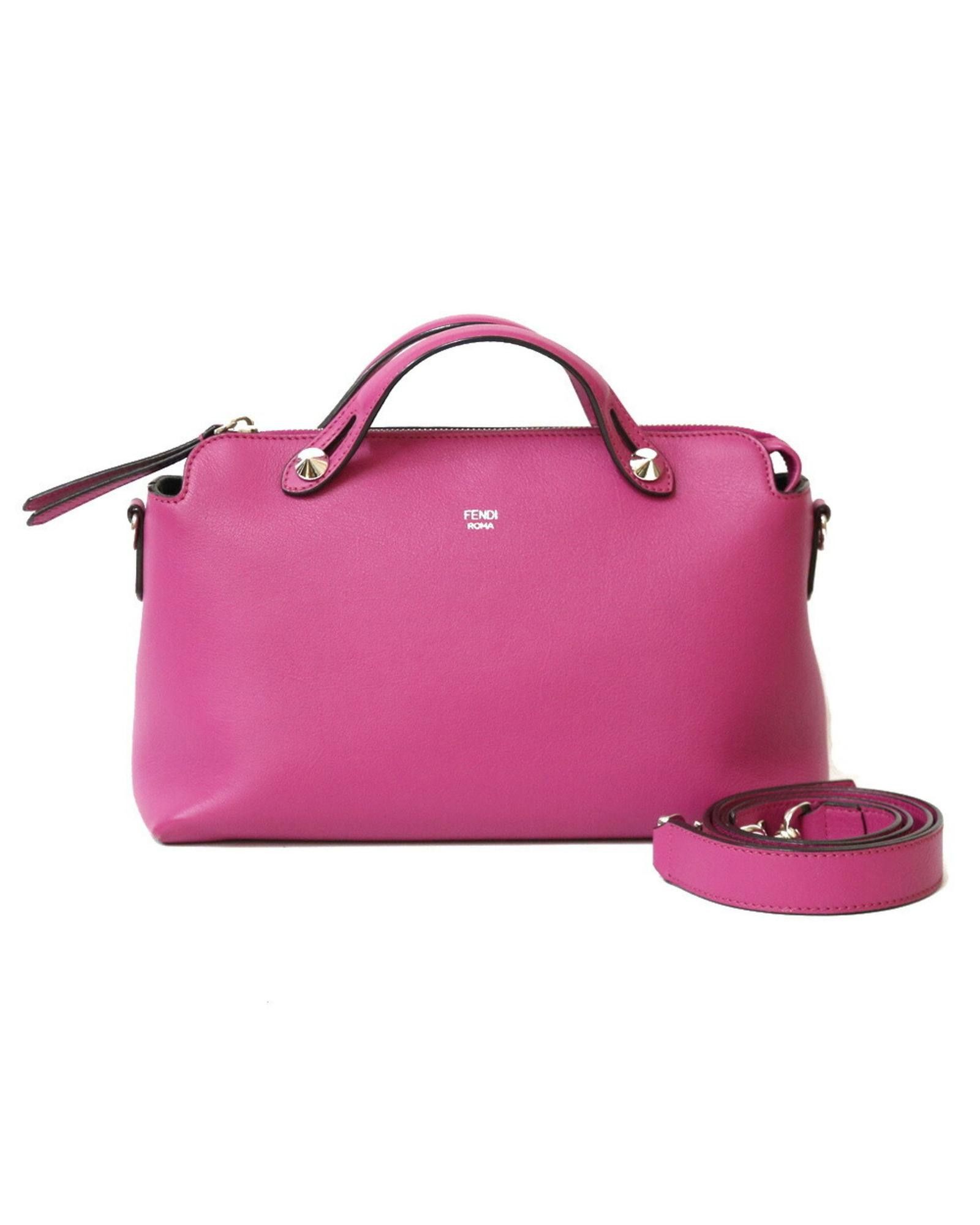 image of Fendi Elegant Pink Leather Boston Bag With Shoulder Strap, Women's