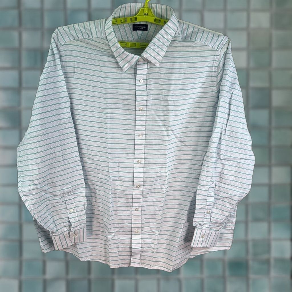 Proper Cloth VINTAGE Proper Cloth Shirt Casual Button-Up Long Sleeve Men's 4XL Green White Striped Linen, All Seasons Size US XXL / EU 58 / 5 - 1 Thumbnail