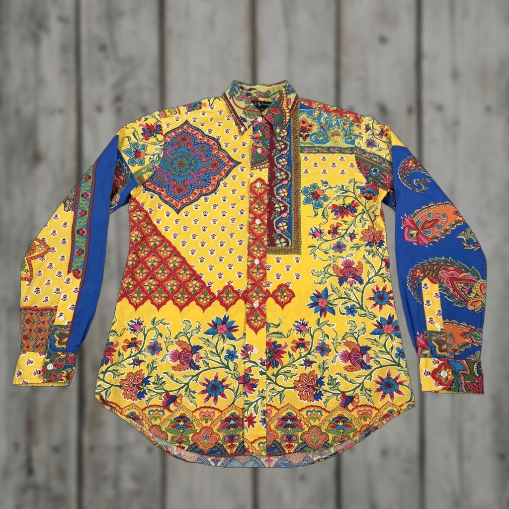 Polo Ralph Lauren VINTAGE Polo Ralph Lauren Shirt Mens M Yellow Floral Paisley 90s Button-Up Long Sleeve Cotton Shirt Size US M / EU 48-50 / 2 - 1 Thumbnail