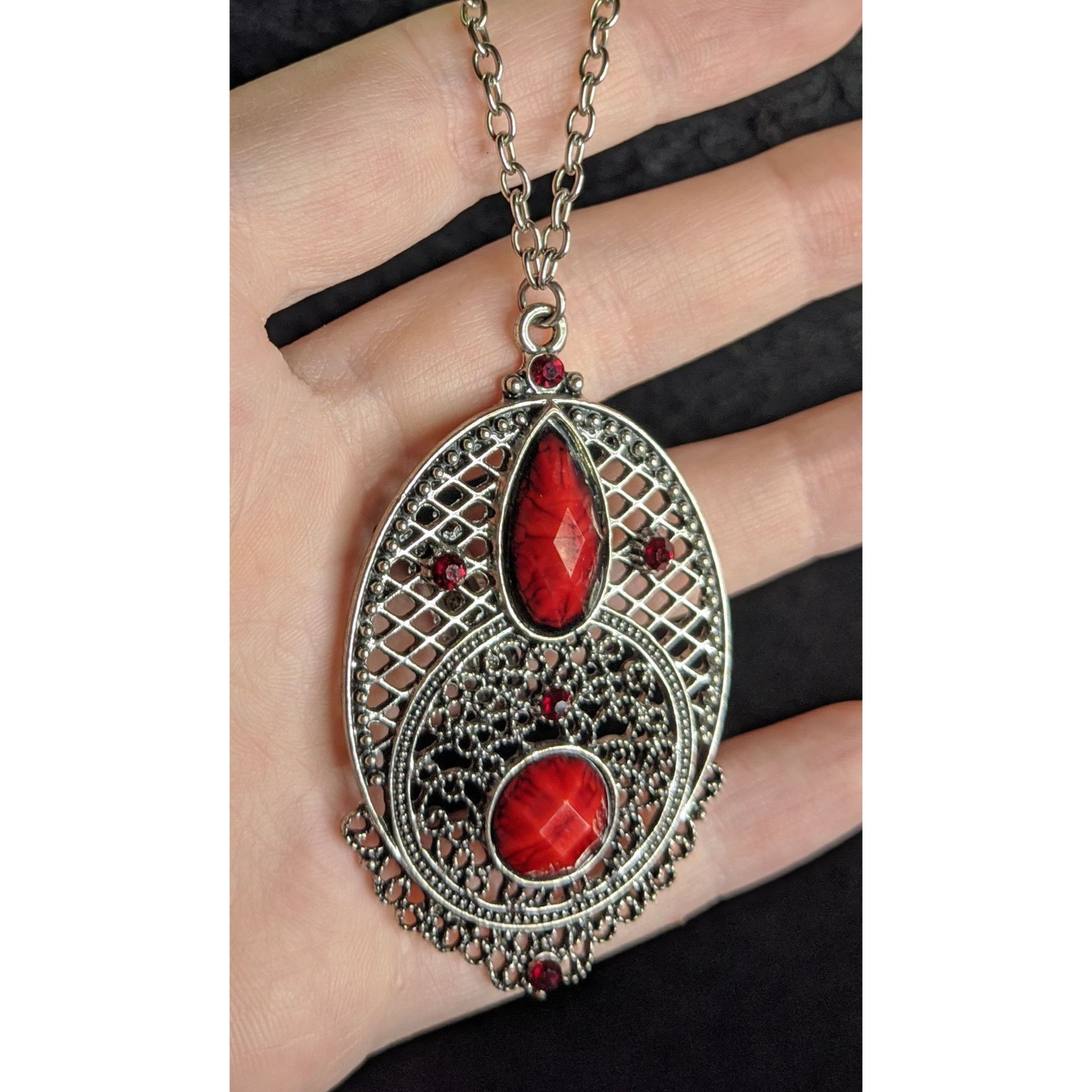 Other Gothic Oval Pendant Necklace With Red Faux Gemstones & Filig Size ONE SIZE - 7 Thumbnail
