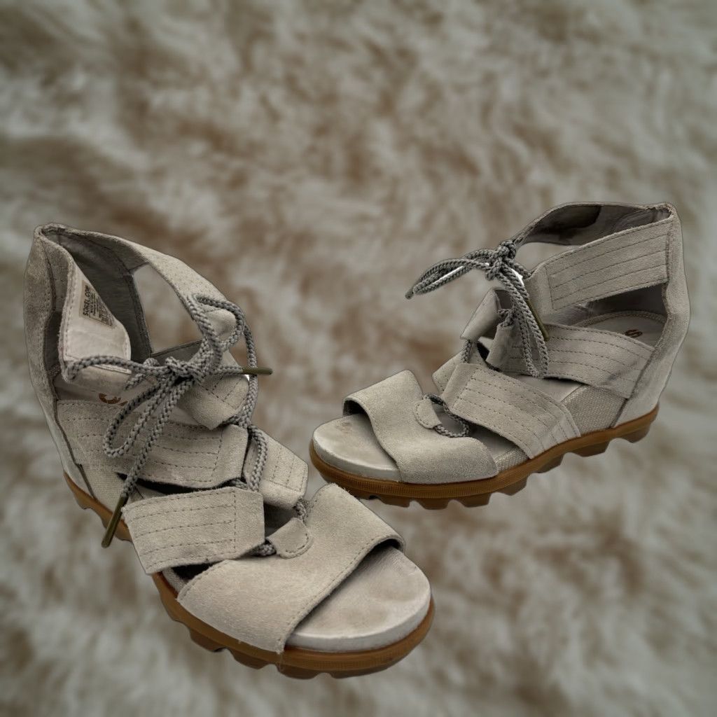 SOREL Sorel Joanie Open Toe Gladiator Sandal Womens 9.5 Beige Suede Lace Up Wedge Shoes Size US 10 / IT 40 - 1 Thumbnail