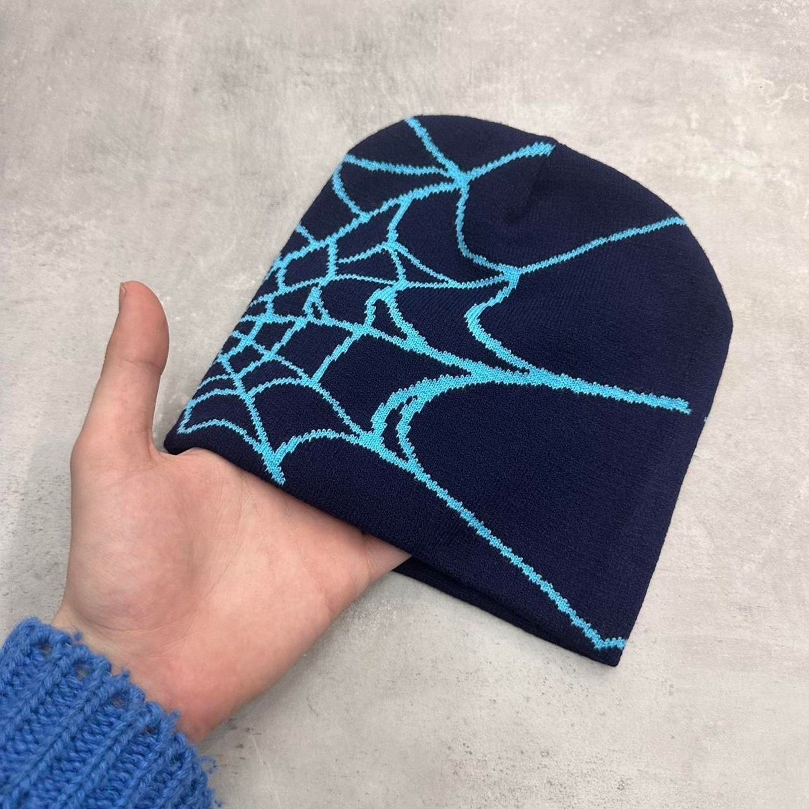 Vintage Blue and Navy Spider Web Acrylic Graphic Beanie Hat Size ONE SIZE - 2 Thumbnail