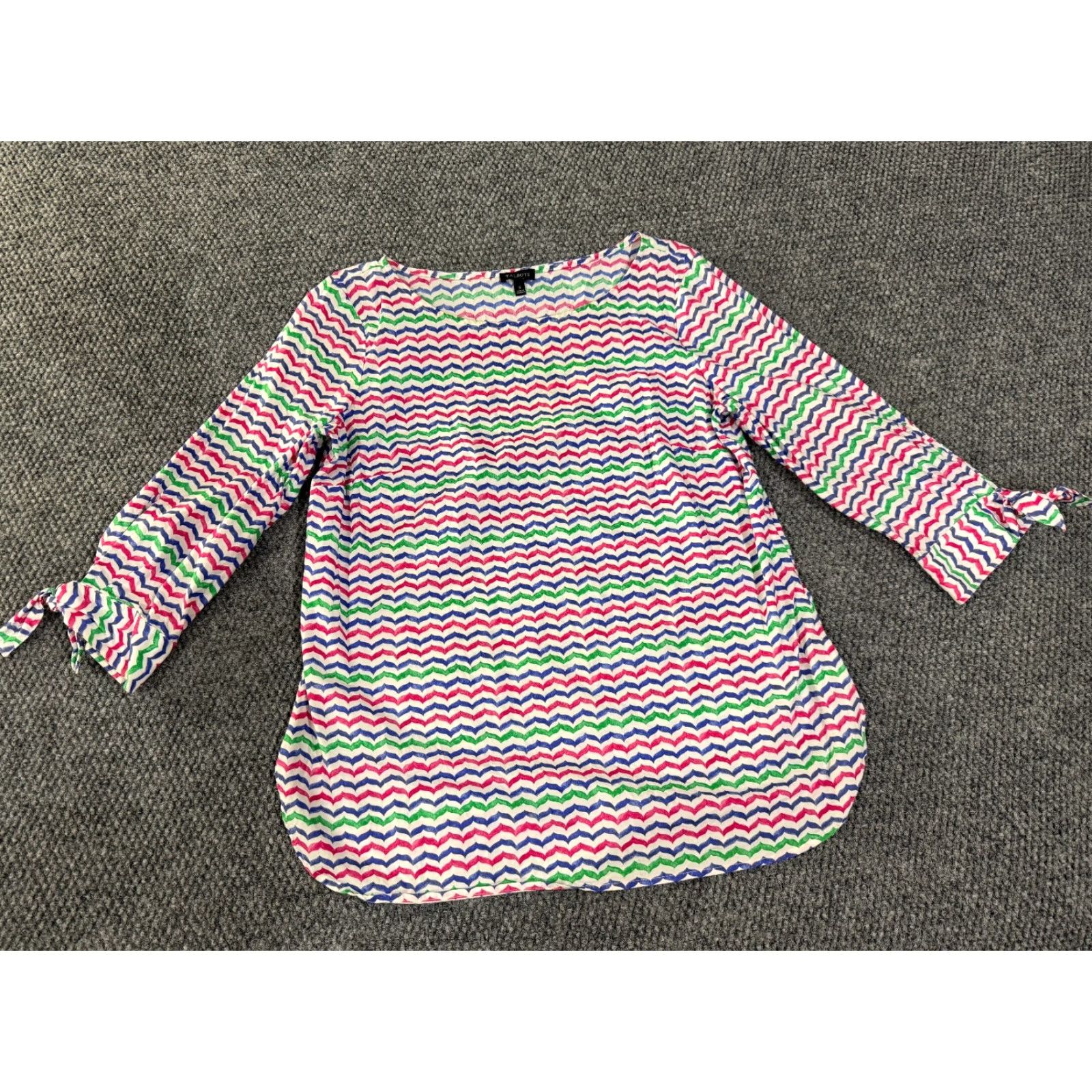 Talbots Talbots Blouse Womens S Pink White Multicolor Chevron Long Sleeve Tie Sleeve Crew Neck Rayon Cotton Button Casual Size S / US 4 / IT 40 - 2 Thumbnail