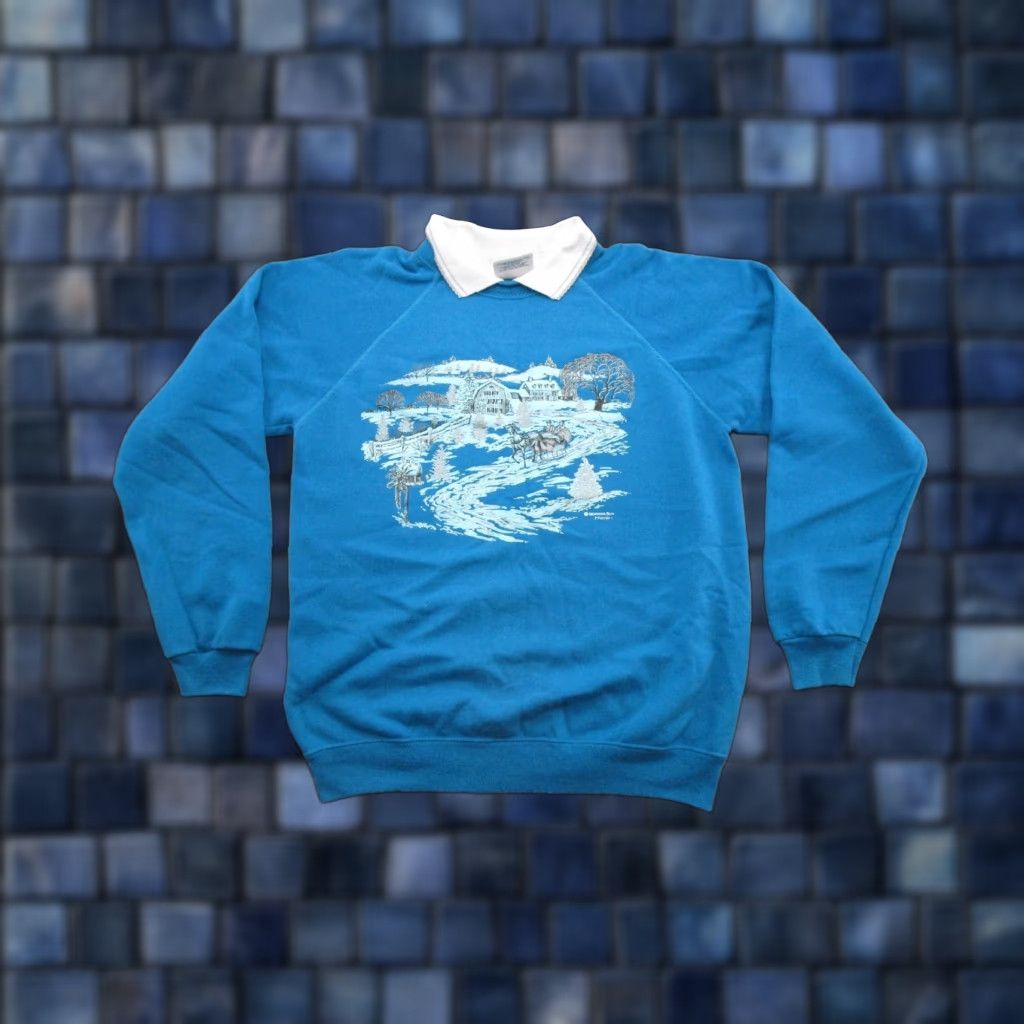 Vintage VTG 80s Morning Sun Farm Winter Raglan Sleeve Sweatshirt SZ L Grandma Women Pullover Blue Size L / US 10 / IT 46 - 1 Thumbnail