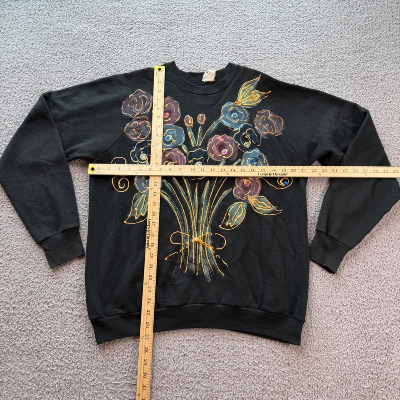 Other Vintage 80s Hand Painted Floral Paint Sweatshirt XL Black Size XL / US 12-14 / IT 48-50 - 2 Thumbnail