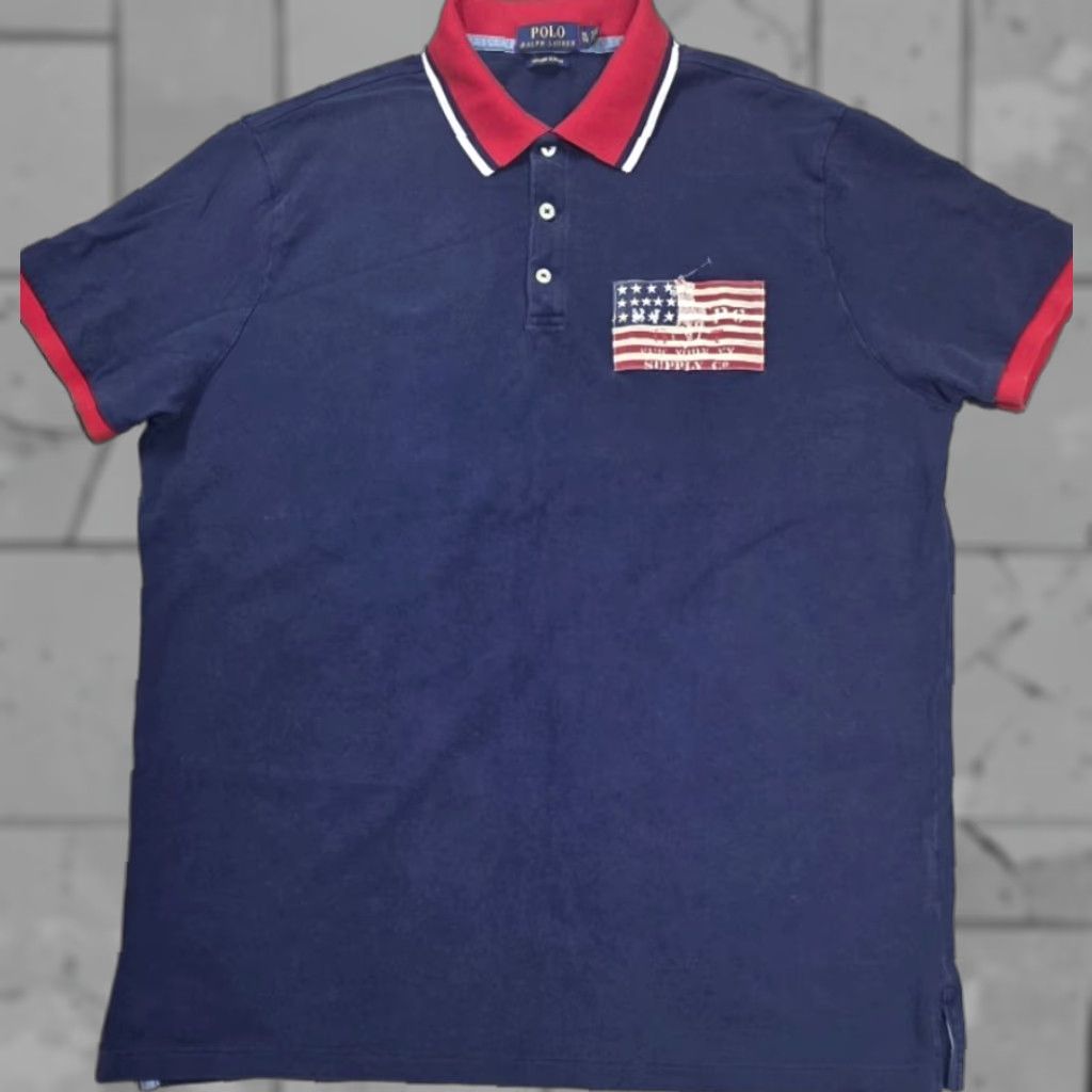 Polo Ralph Lauren Polo Ralph Lauren Mens USA Flag Rugby Polo Shirt XL Slim Blue Red Dipped Polo Shirt USA Flag Rugby Polo XL Slim Blue Red Col­lar Logo Embroidered Size US XL / EU 56 / 4 - 1 Thumbnail