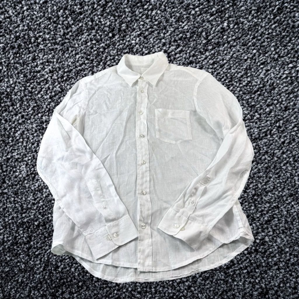 120% Lino Button-Up Shirt Mens Medium White Solid Linen L/S Lounge, Men's