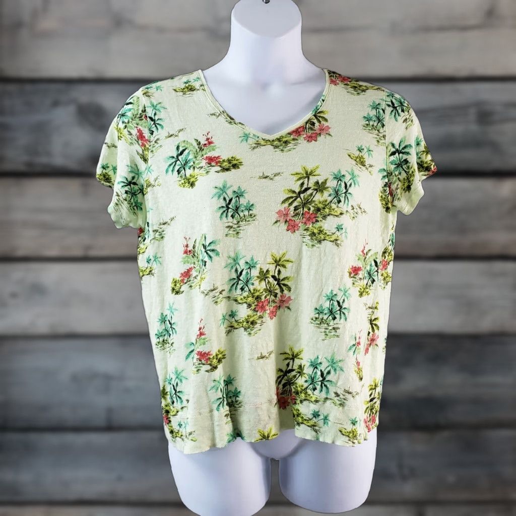 J. Jill J Jill Love Linen Womens Tee 1X Short Sleeve Green Floral T-Shirt Shirt Ladies Womens 1X Green Floral Linen Shirt Size 40" / US 18 - 1 Thumbnail