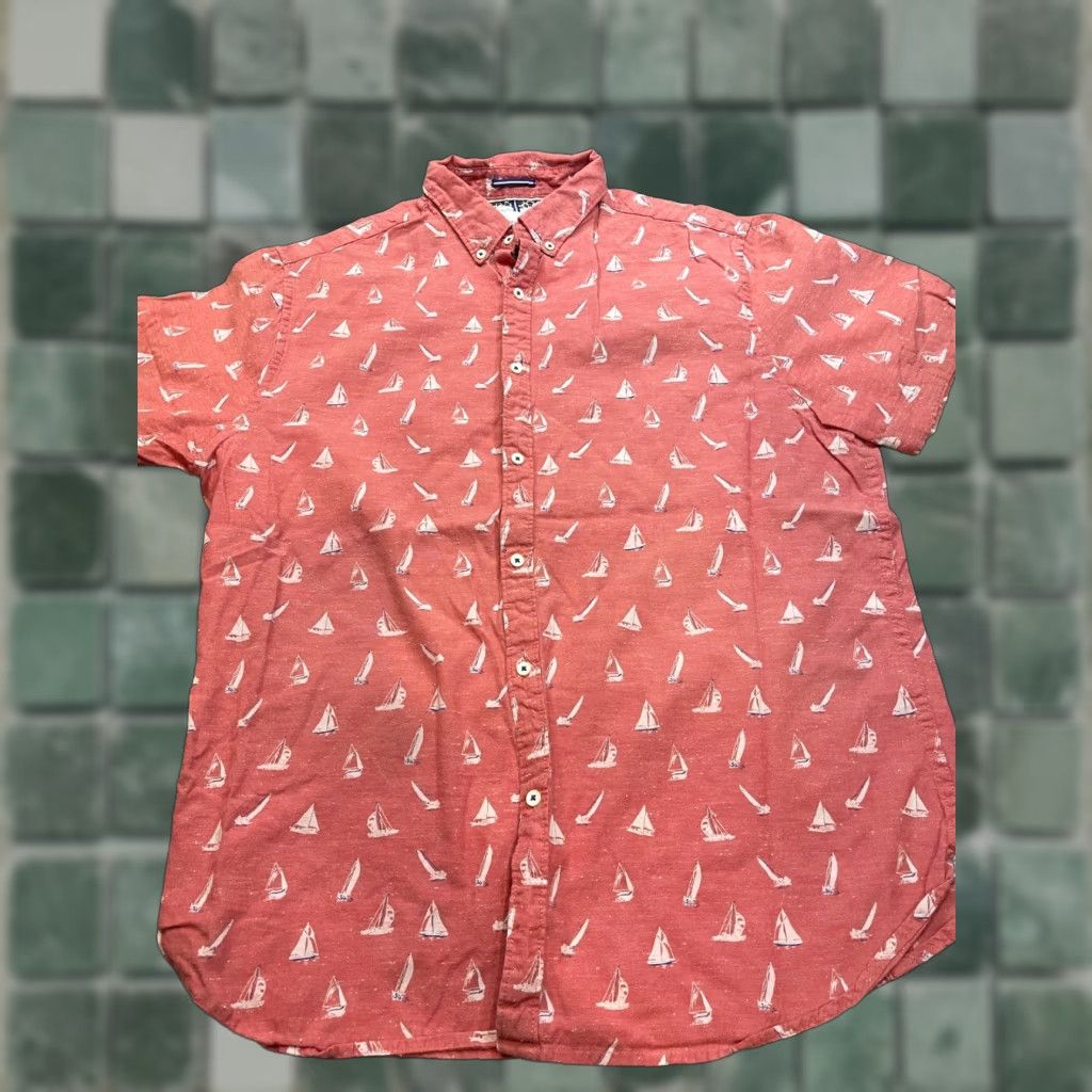 Denime Denim & Flower Button Up Shirt Mens L Sailboat Pattern Floral Short Sleeve Pink Beach Hawaii Tropical Size US L / EU 52-54 / 3 - 1 Thumbnail
