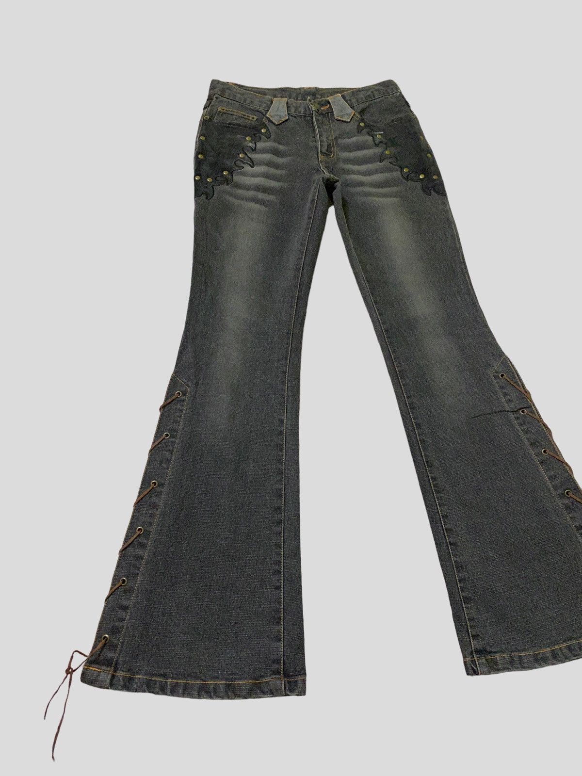 image of Vintage Flare Denim Jeans Lace Velvet Pocket Acid Wash Denim in Black, Men's (Size 26)