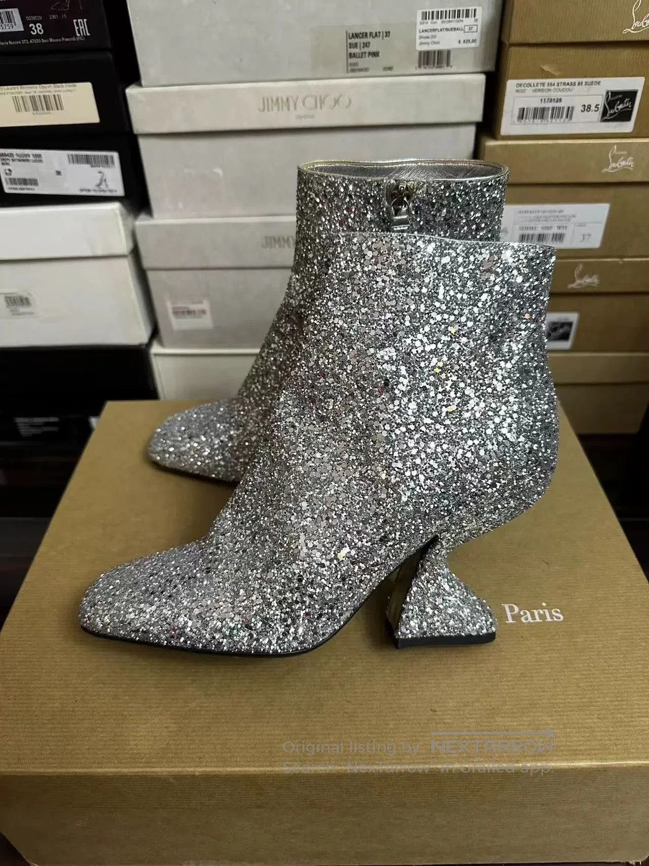 Salvatore Ferragamo Ferragamo Silver Sequined High-Heel Short Boots. Size US 7 / IT 37 - 1 Thumbnail
