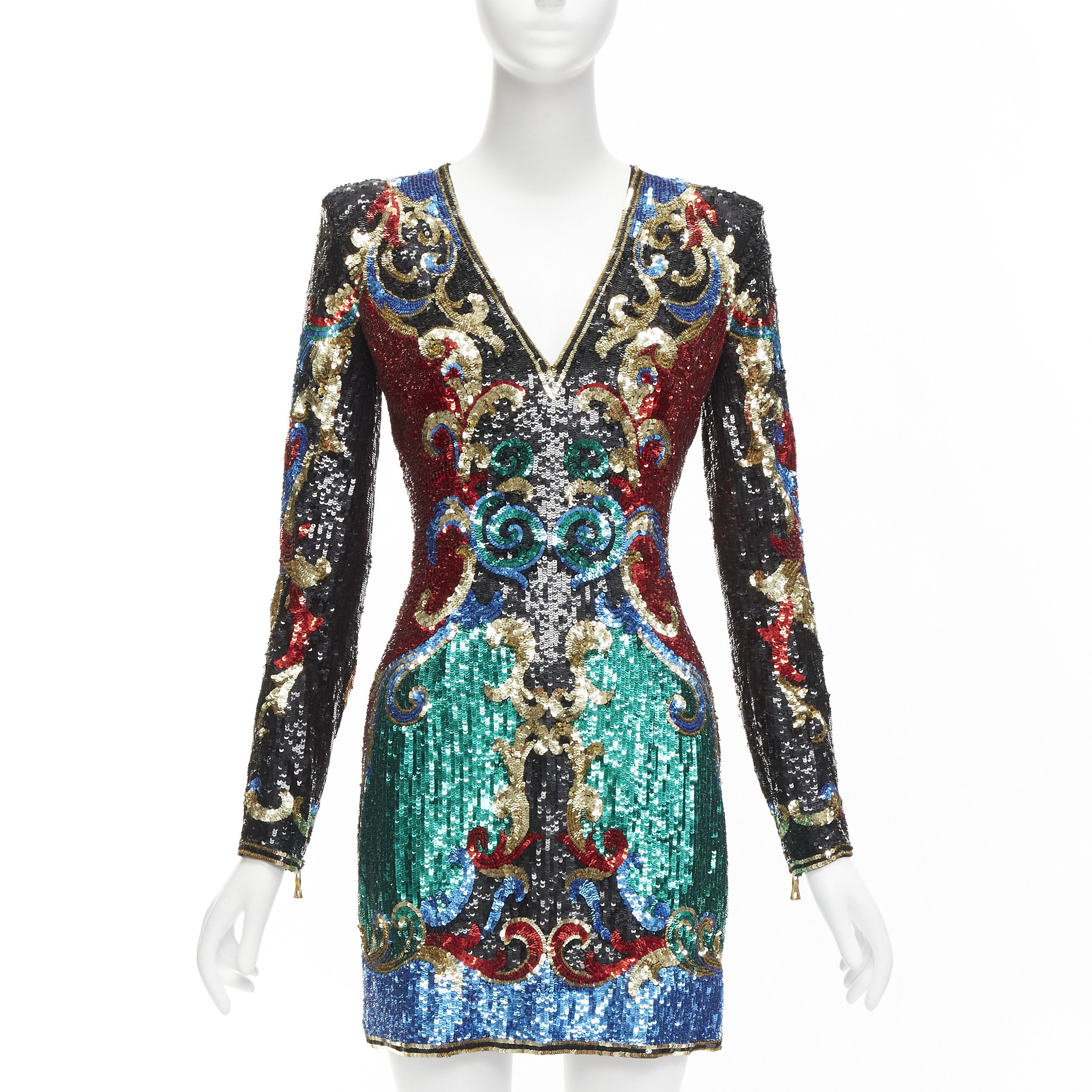 image of Balmain 2016 Runway 1970's Baroque Sequins V Neck Mini Dress Fr36 S Paris Hilton, Women's (Size Sma