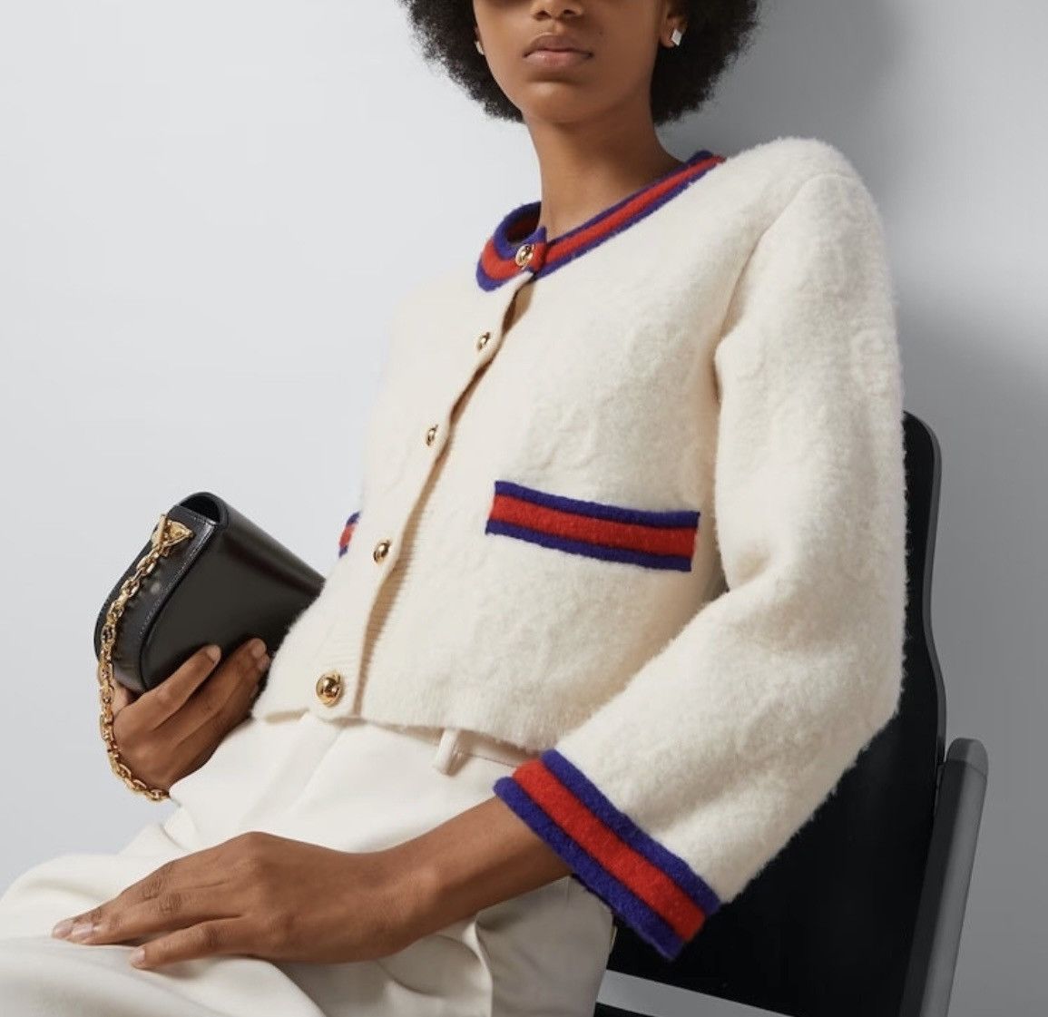 Gucci Gucci Felted GG Fine Wool Cardigan Ivory/Blue/Red Size M Size M / US 6-8 / IT 42-44 - 4 Thumbnail