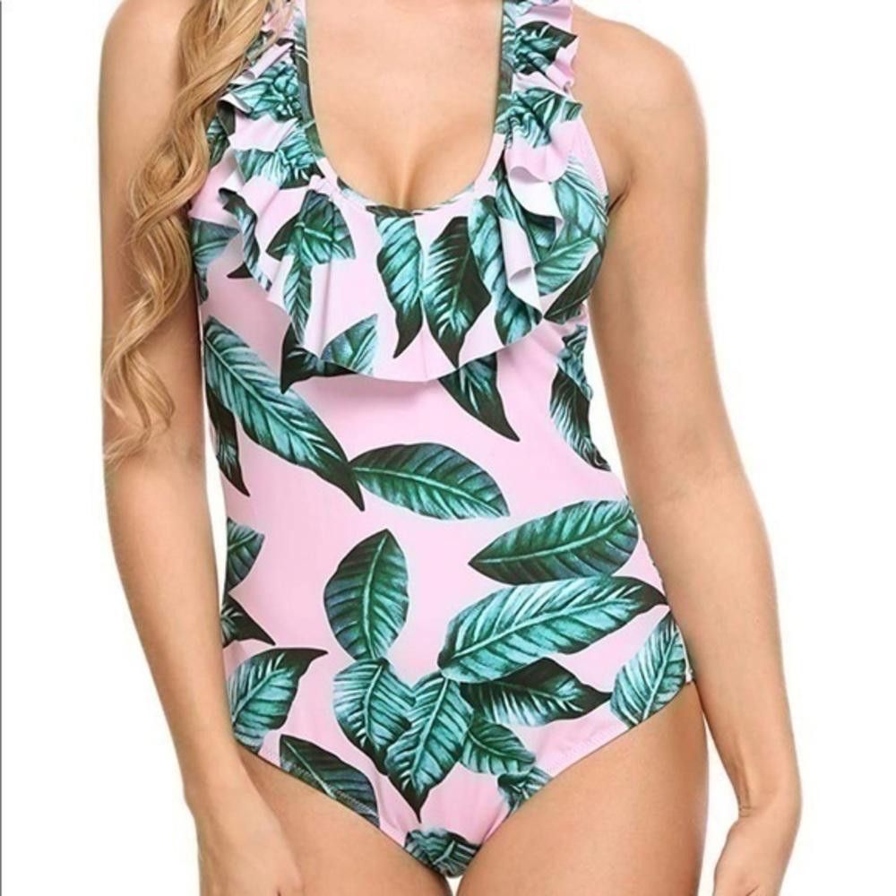Designer Ruffle one piece swimsuit- palm leaf print Size ONE SIZE - 1 Thumbnail