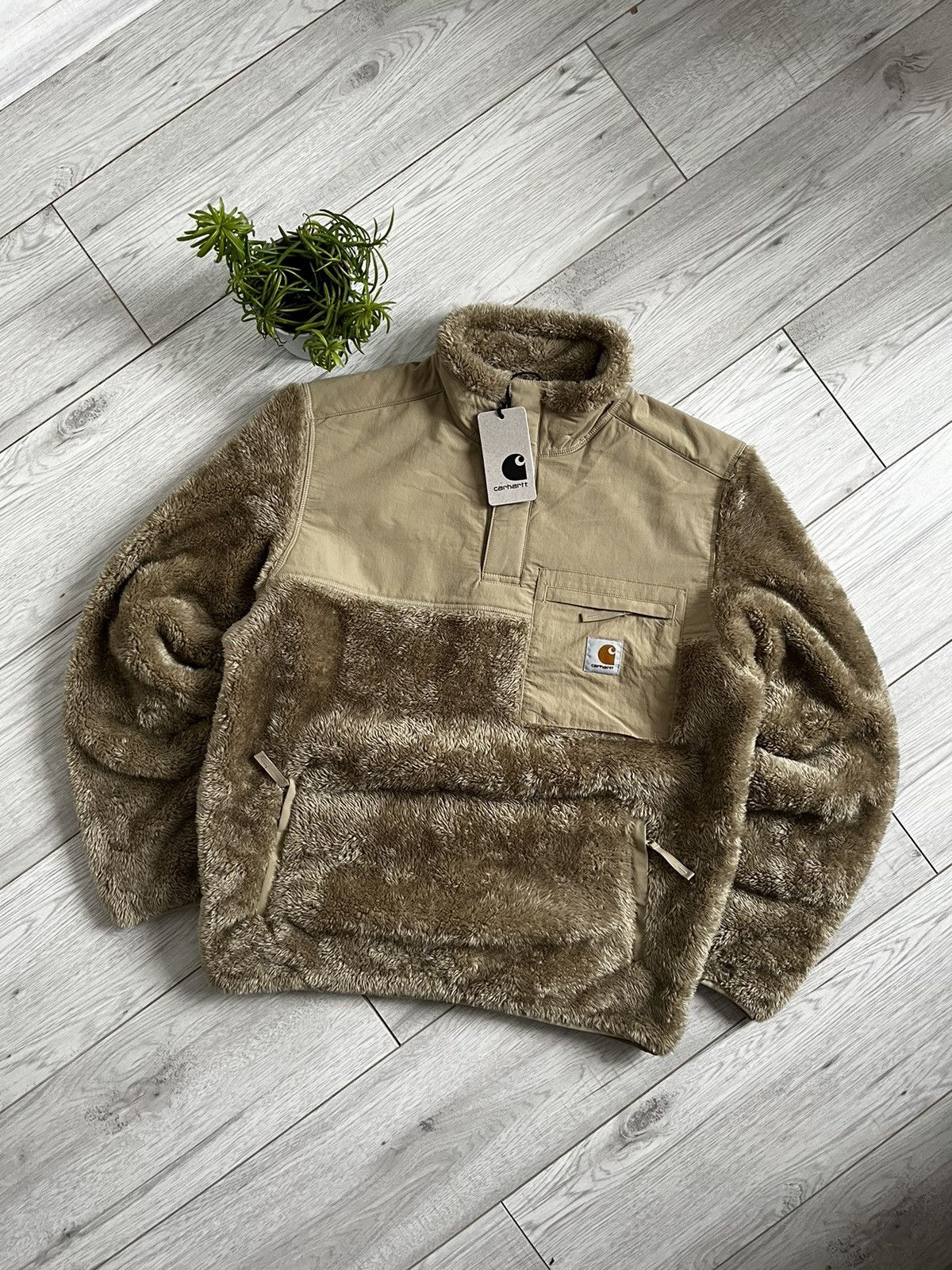 image of Carhartt Jackson Half Snap Sweat Ammonite Jacket Y2K Casual in Beige Brown, Men's (Size Medium)