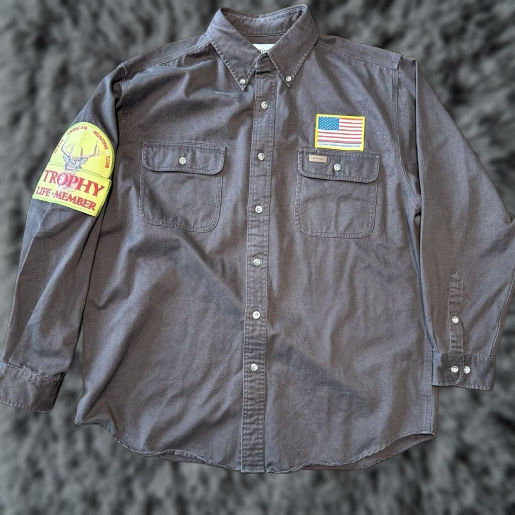 Carhartt VINTAGE Carhartt Mens Button Up Shirt Brown Vietnam Vets Patch Trophy Life Member S09DKB Size US L / EU 52-54 / 3 - 1 Thumbnail