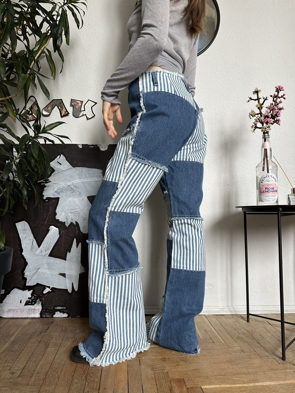 If Six Was Nine × Seditionaries Y2K Patchwork Denim Flared Baggy Stripe Jeans Size 32" / US 10 / IT 46 - 2 Thumbnail