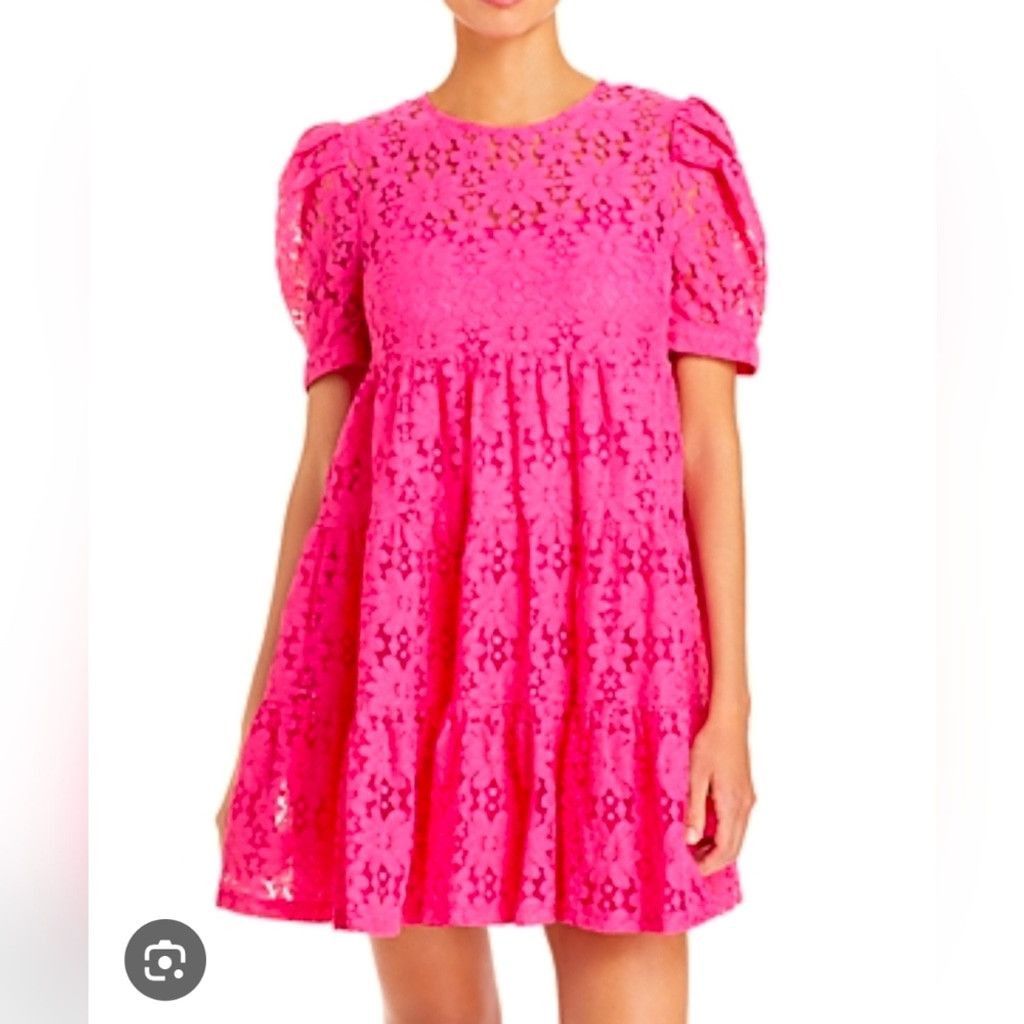 AQUA Aqua Hot Pink Short Sleeve Floral Lace Tiered Mini Dress XS Size XS / US 0-2 / IT 36-38 - 3 Thumbnail