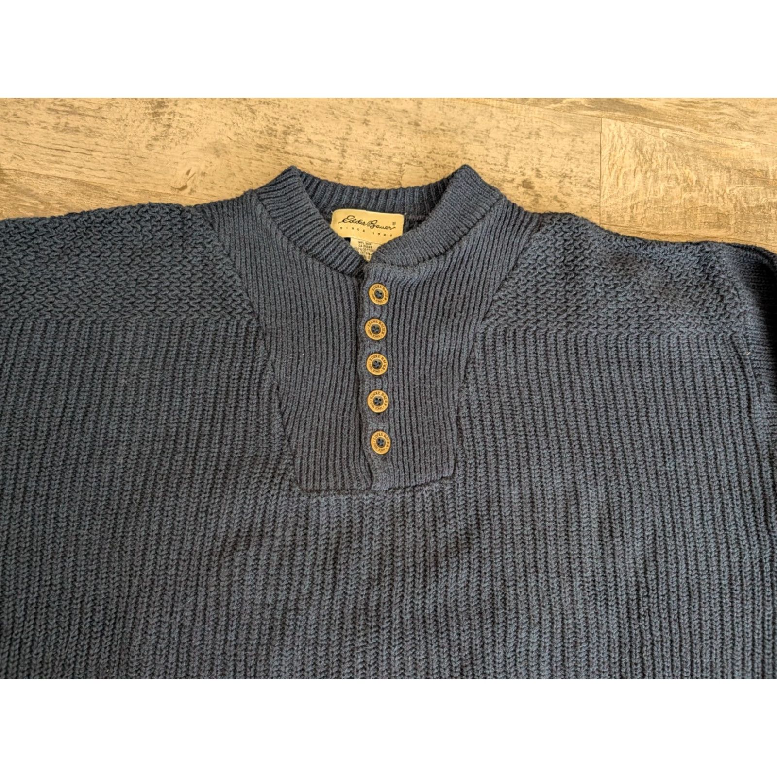Eddie Bauer Vtg Eddie Bauer Sweater Mens L Blue Knit Fisherman Ribbed Henley USA Made EUC Size US L / EU 52-54 / 3 - 2 Thumbnail