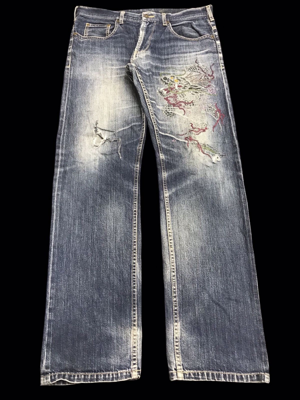 Japanese Brand 💥ART💥Very Rare Japan Dragon Embroidery Distresed Denim F29 Size US 35 - 1 Thumbnail