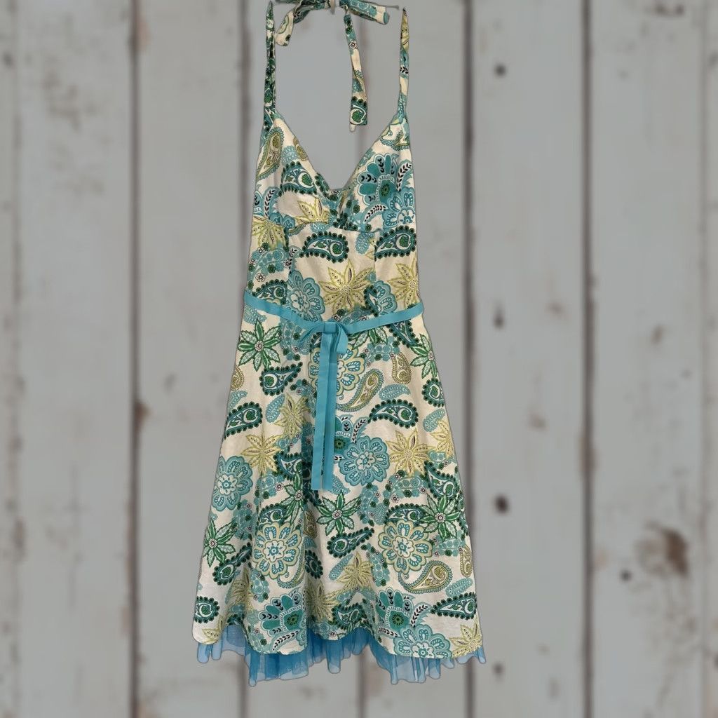 Vintage VINTAGE Rampage Dress Midi Halter Paisley Print Green 9 Womens A-Line Fit & Flare Juniors Size M / US 6-8 / IT 42-44 - 1 Thumbnail