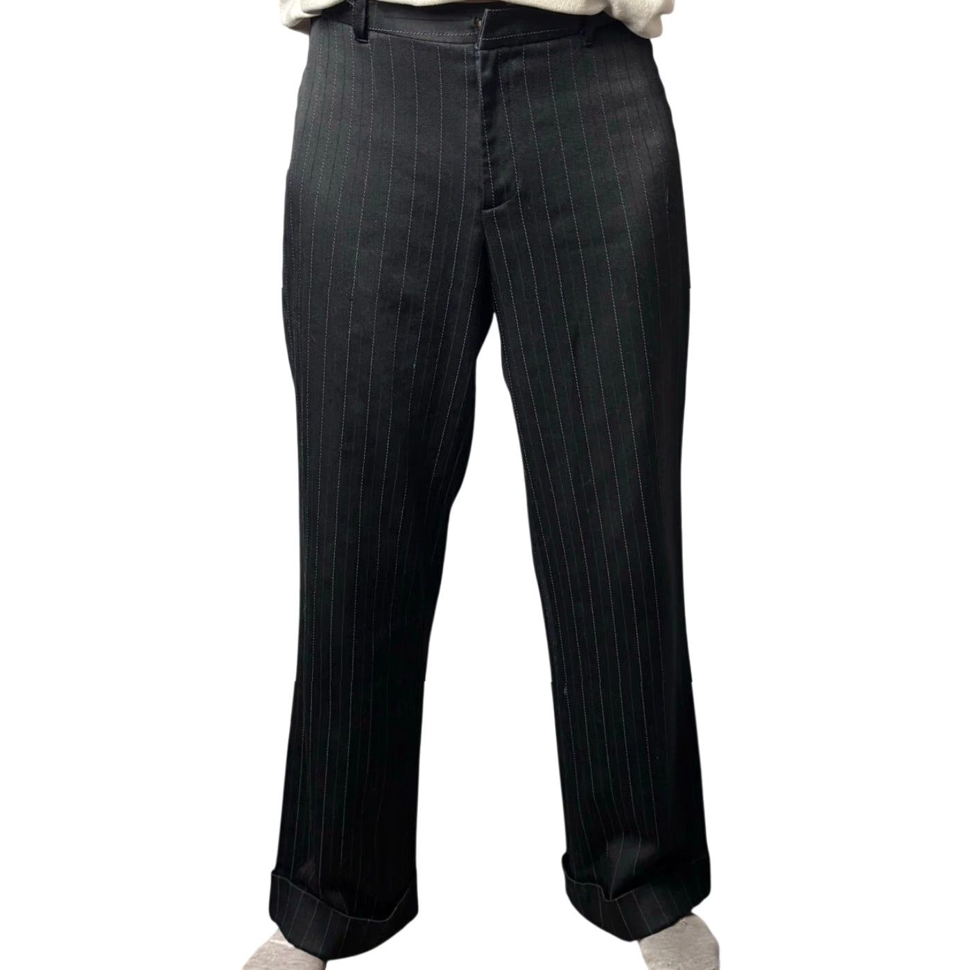 Vintage VINTAGE Zinc Black Pinstripe Wide Leg Trouser Pants S Womens Small 90s Business Workwear Striped 30 Inseam Wide-Leg Rise 8.5-10.5 In Satin feel Size 28" / US 6 / IT 42 - 6 Thumbnail