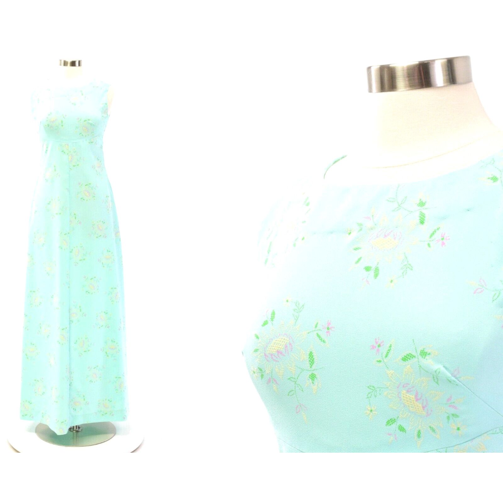 image of 70's Vintage Women's S Green Floral Print Maxi Dress in White (Size Small)