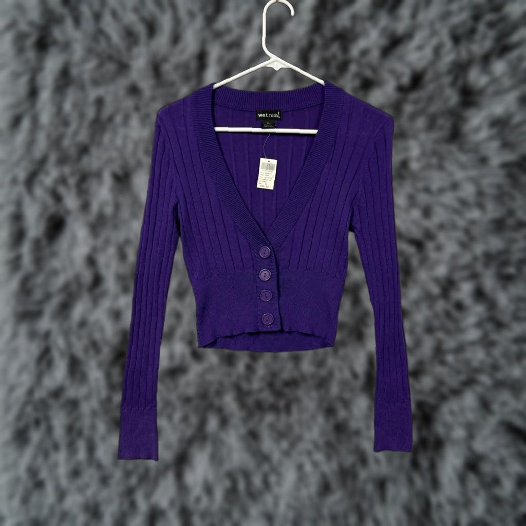 Vintage VINTAGE Wet Seal Cardigan XL Cropped 100% Cotton V-Neck Long Sleeve Purple Teens Junior Slim Knit Buttoned All Seasons Sweater Size XL / US 12-14 / IT 48-50 - 1 Thumbnail