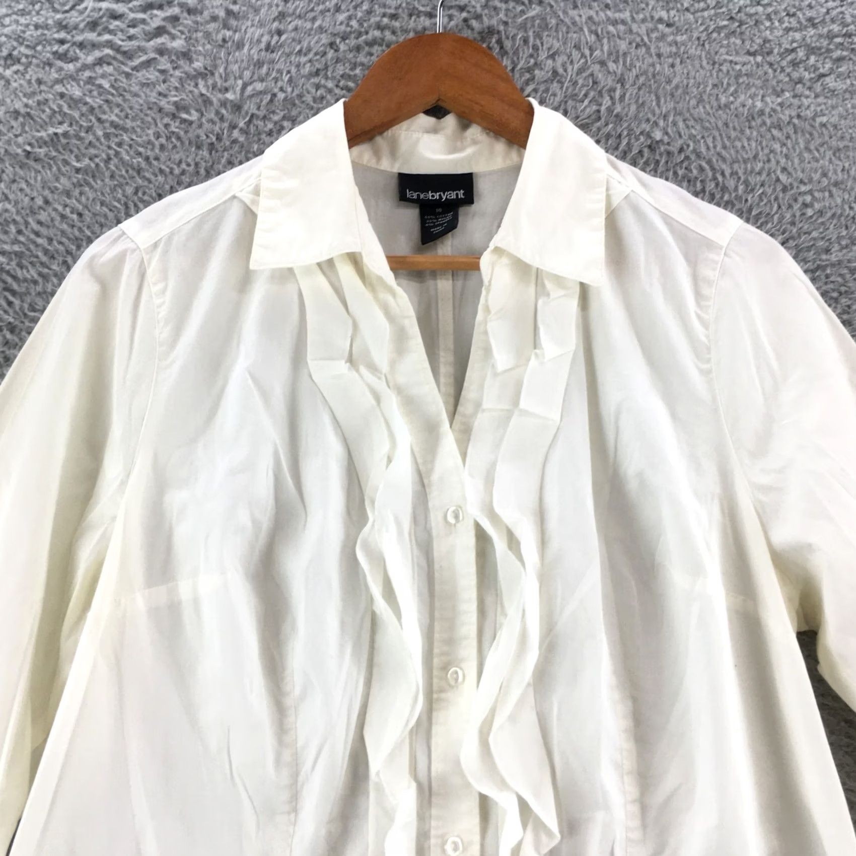 Vintage Lane Bryant Button-Up Shirt Womens 16 Cotton Blend Long Sleeve Casual White Ruffle Classic Pattern Womens 16 Button-Up Shirt Size XXL / US 16-18 / IT 52-54 - 2 Thumbnail