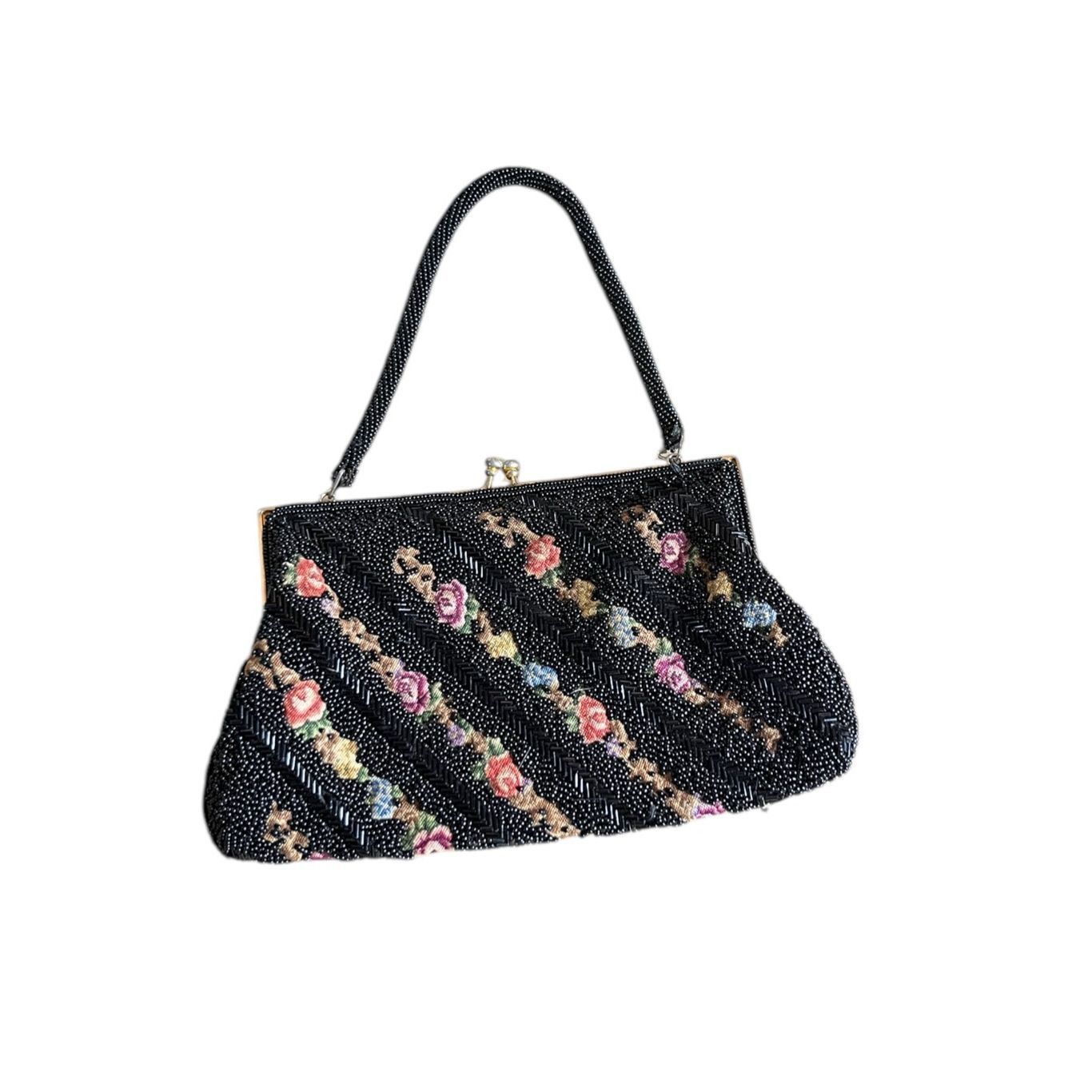 Other Vintage Beaded Handbag Black Beads Over Tapestry Kiss Lock C Size ONE SIZE - 1 Thumbnail