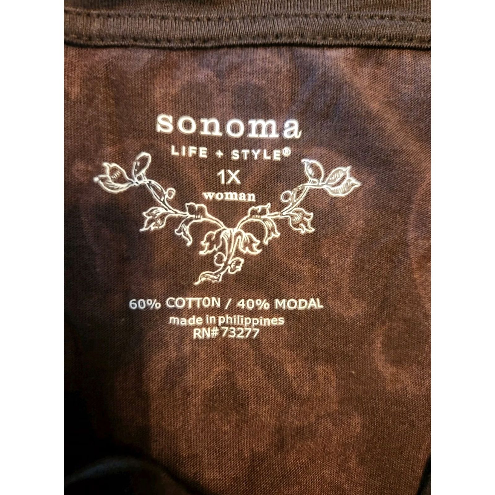 Vintage Sonoma Brown Damsk Print 3/4 Sleeve V Neck Top Shirt 1X Plus Women Size XL / US 12-14 / IT 48-50 - 6 Thumbnail