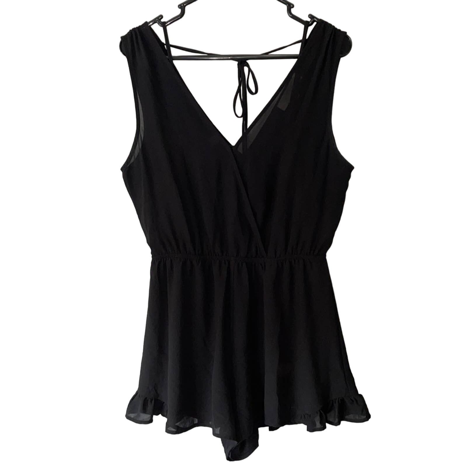 ASTR The Label ASTR Black Romper S Lined Sleeveless Ruffle Wide Leg Plunge Size 28" / US 6 / IT 42 - 1 Thumbnail